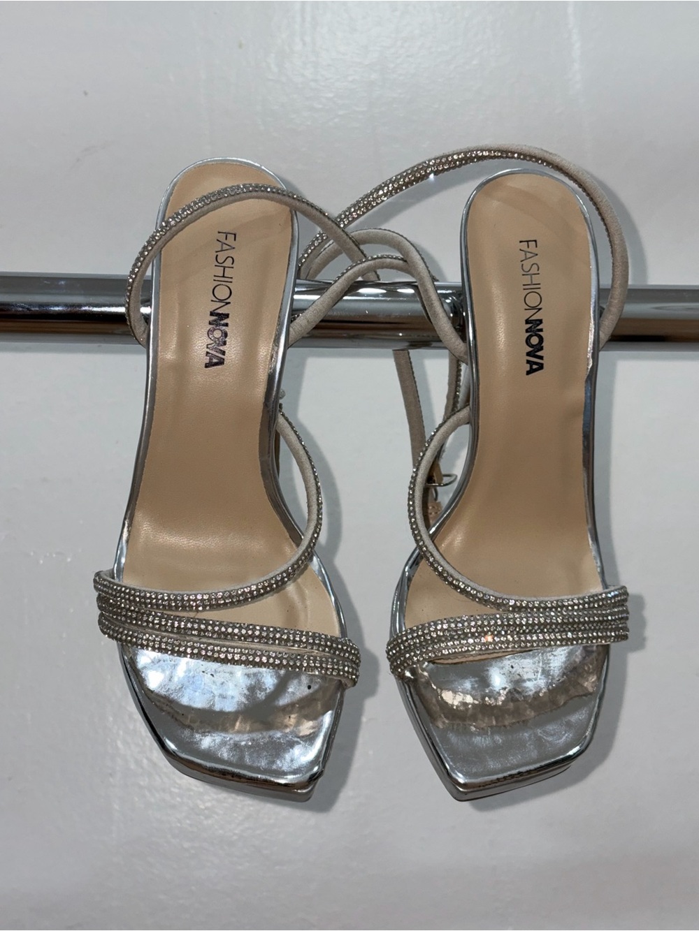 Fashion Nova Silver Rhinestone Strappy Heels